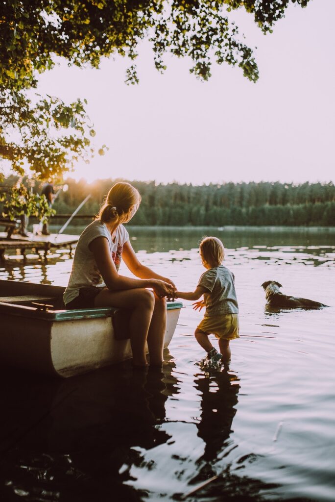 people, woman, kid, child, baby, boy, girl, daughter, mother, holding hands, lake, water, swimming, boat, nature, happy mothers day, mom, mum